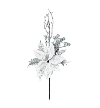 Vetvička MAGICHOME VIANOCE, s kvetom, strieborná, 27 cm
