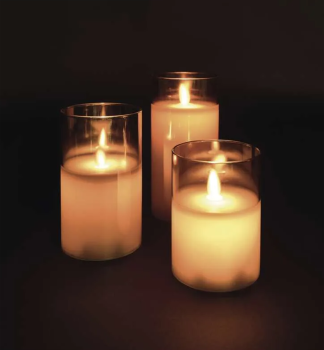 LED dekorcia - 3x voskov svieka v skle, 6x AA, tepl biela, asova