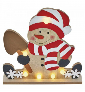 Vianočná dekorácia drevená SNEHULIAK, teplá biela, 6 LED, 25 x 24,5 cm